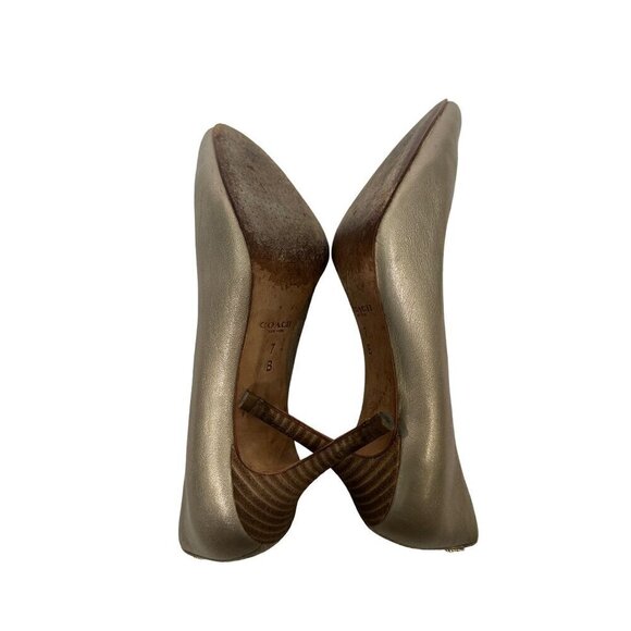 Coach Metallic Gold Round Toe Work Leather Pumps Formal Heels Size 7.5 - Picture 10 of 14